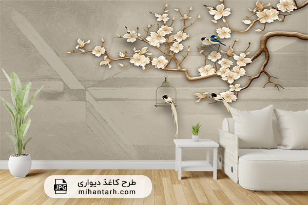 پوستر کاغذ دیواری سه بعدی طرح گل و پرنده