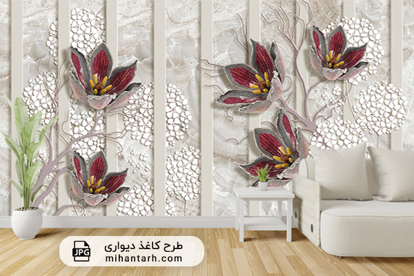 پوستر کاغذ دیواری سه بعدی خاکستری و گل زرشکی