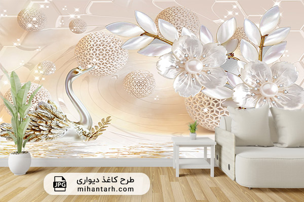 پوستر کاغذ دیواری سه بعدی کرم با طرح گل سفید