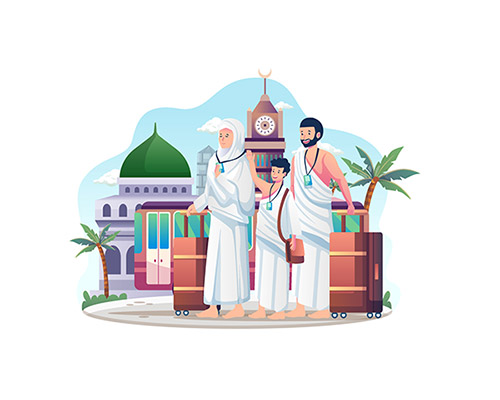 وکتور سفر به مکه و اعمال حج و حجاج مرد و زن در کنار گنبد پیامبر اکرم (ص)