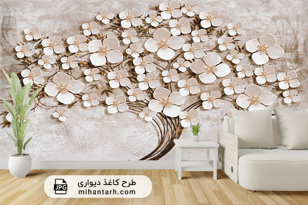 پوستر کاغذ دیواری سه بعدی طرح گل سفید