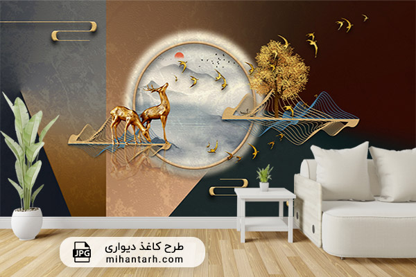 پوستر کاغذ دیواری سه بعدی پرنده و آهو طلایی