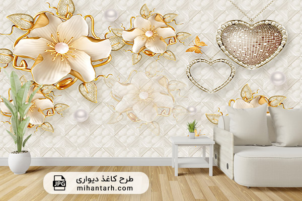 پوستر کاغذ دیواری سه بعدی طرح گل طلایی