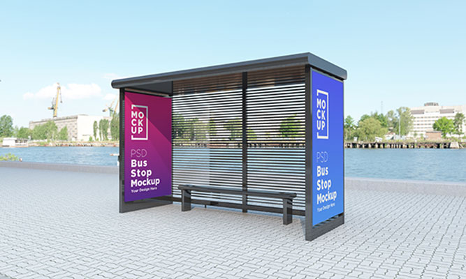 موکاپ بنر طرح ایستگاه اتوبوس شهری