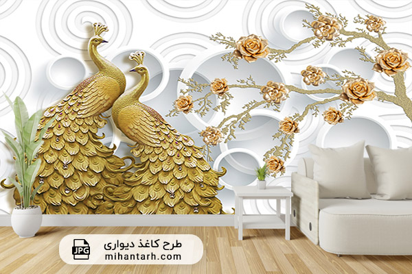 پوستر کاغذ دیواری سه بعدی گل و طاووس طلایی