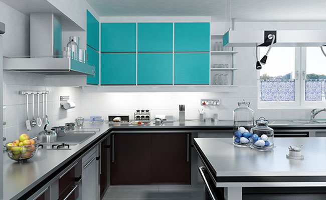 عکس آشپزخانه با کابینت سبزآبی
