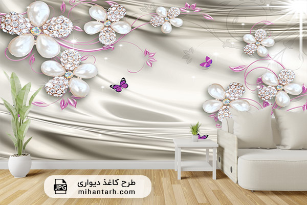 پوستر کاغذ دیواری سه بعدی گل و پروانه