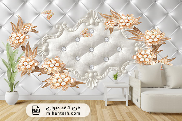 پوستر کاغذ دیواری سه بعدی خاکستری و گل طلایی