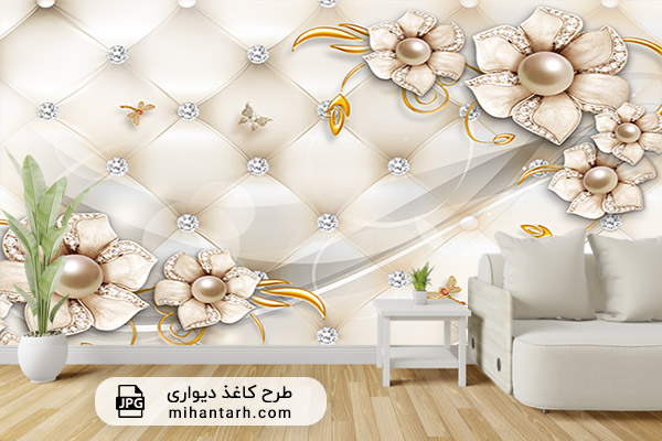 پوستر کاغذ دیواری سه بعدی طرح گل طلایی