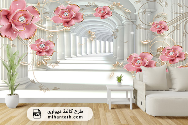 پوستر کاغذ دیواری سه بعدی ستون و گل صورتی