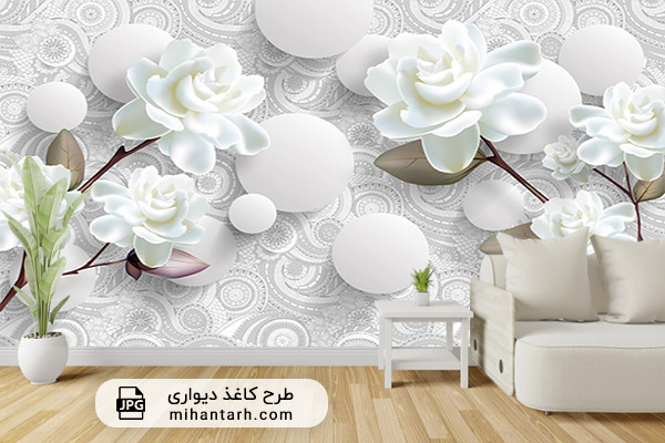 پوستر کاغذ دیواری سه بعدی خاکستری با گل سفید