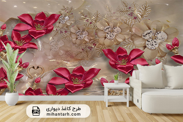 پوستر کاغذ دیواری سه بعدی طرح گل قرمز و طلایی