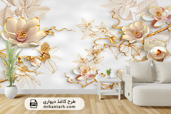 پوستر کاغذ دیواری سه بعدی طوسی و  گل طلایی