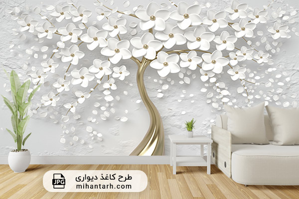 پوستر کاغذ دیواری سه بعدی خاکستری و گل سفید