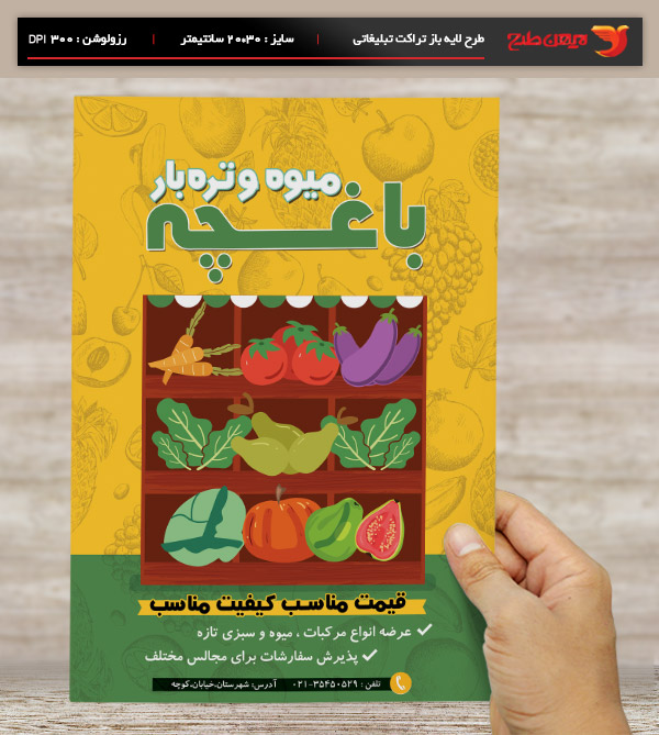 طرح لایه باز تراکت و پوستر تبلیغاتی میوه و تره بار