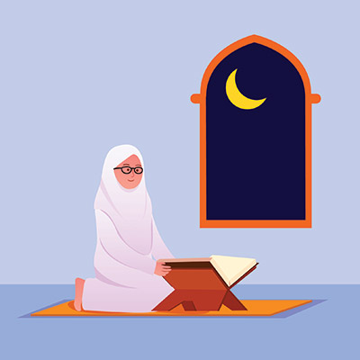وکتور کاراکتر زن با حجاب در حال خواندن قرآن